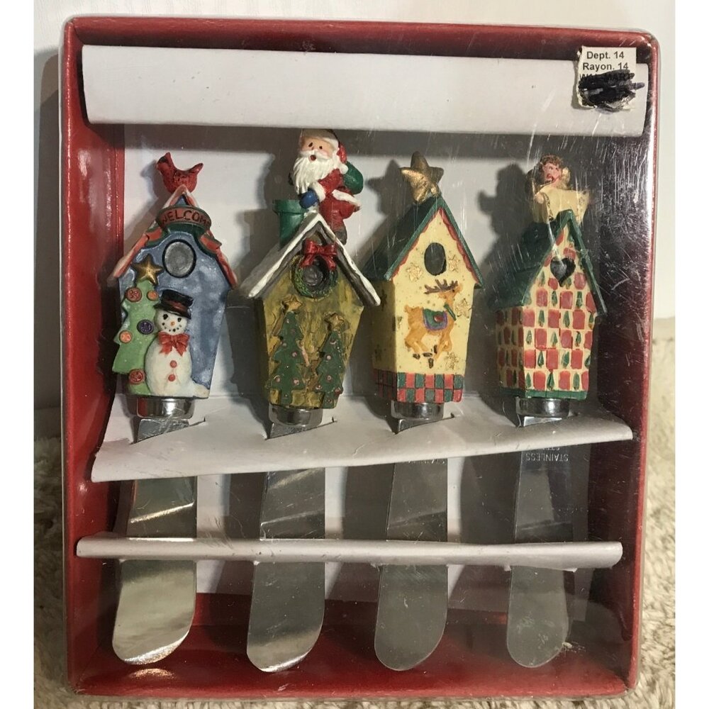 4 Holiday Birdhouse Xmas Themed Stainless Steel Spreader Knives Dept 14 Rayon